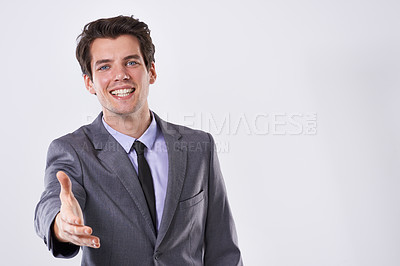 Buy stock photo Businessman, portrait and handshake for introduction, hiring or meeting on white studio background. Happy man, shaking hands and business opportunity for greeting mockup, deal or onboarding agreement