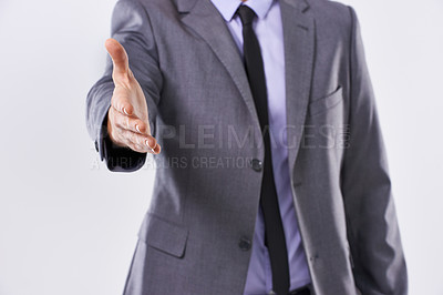 Buy stock photo Businessman, hand and handshake for introduction, hiring or meeting on white studio background. Employer, shaking hands and business opportunity for greeting gesture, deal or onboarding agreement