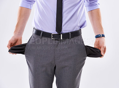 Buy stock photo Hands, bankruptcy or businessman with empty pockets for debt, poor or investment fail. Poverty, show and broke worker with financial crisis or economic depression isolated on white studio background