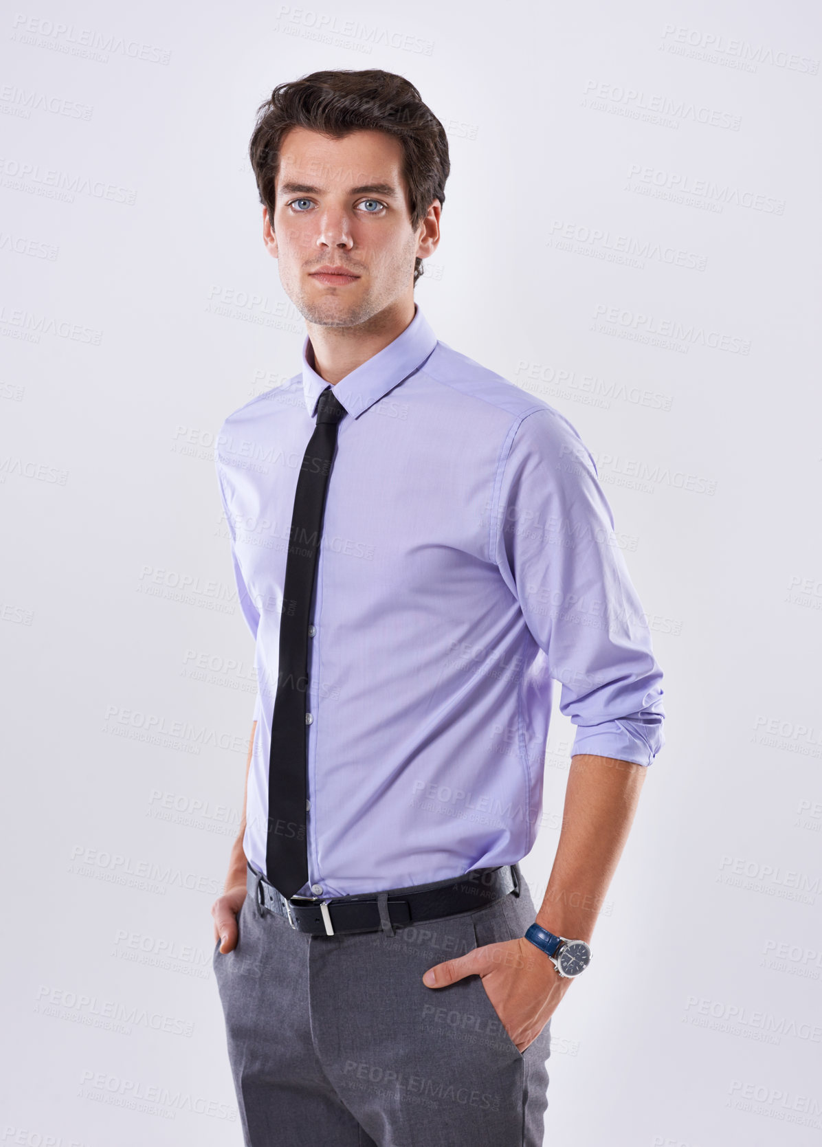 Buy stock photo Business man, face and hands in pocket for fashion, style and professional on white background. Corporate person, confidence and formal style  in studio with calm, portrait or serious for cool outfit