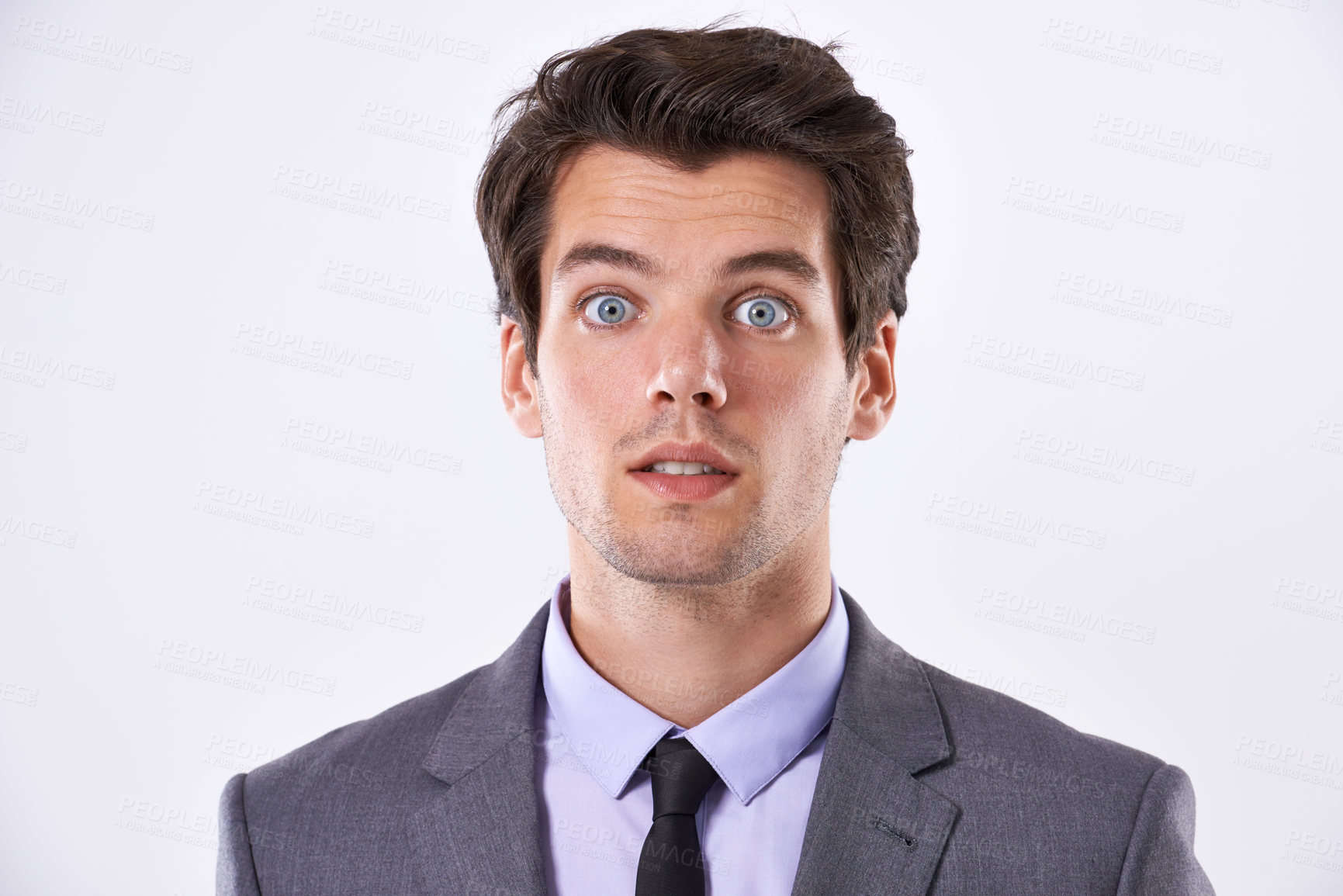 Buy stock photo Surprise, shock and businessman in studio with wow, omg or wtf face expression. Reaction, gossip and corporate male model with rumor, secret drama and facial expression on isolated white background