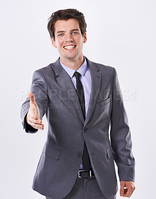 Buy stock photo Business, man and smile with handshake in studio on white background for deal, agreement and partnership. Male person, portrait and happy with confidence for career or job opportunity and achievement