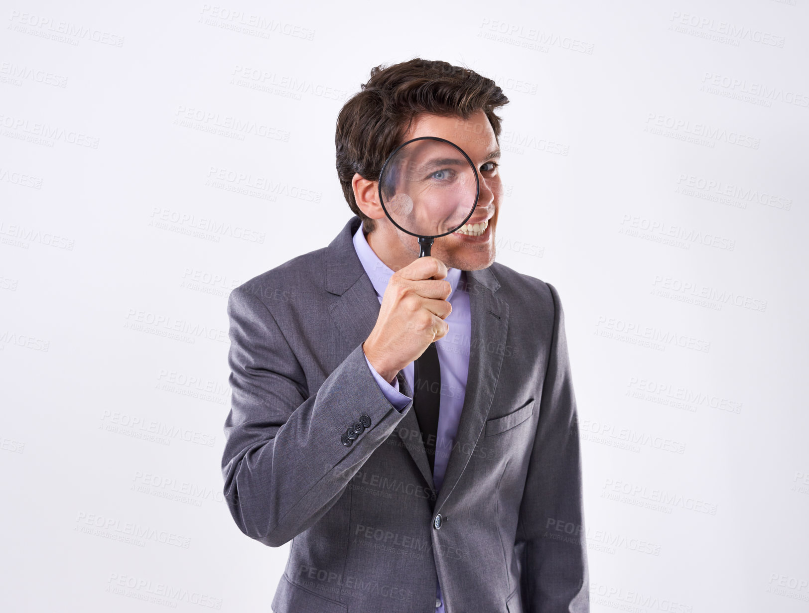 Buy stock photo Portrait, smile and businessman with magnifying glass, investigation and audit at company on white studio background. Face, male employee and PI with compliance and fair trade evidence or information