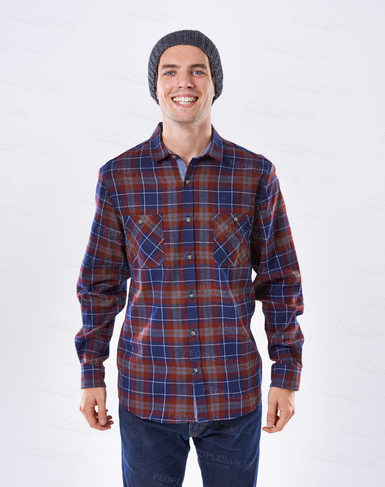 Buy stock photo Portrait, man and fashion as confident, happy and smiling in white background for comfort wear. Male person, style and beanie on studio backdrop, satisfied and plaid shirt in casual outfit or clothes