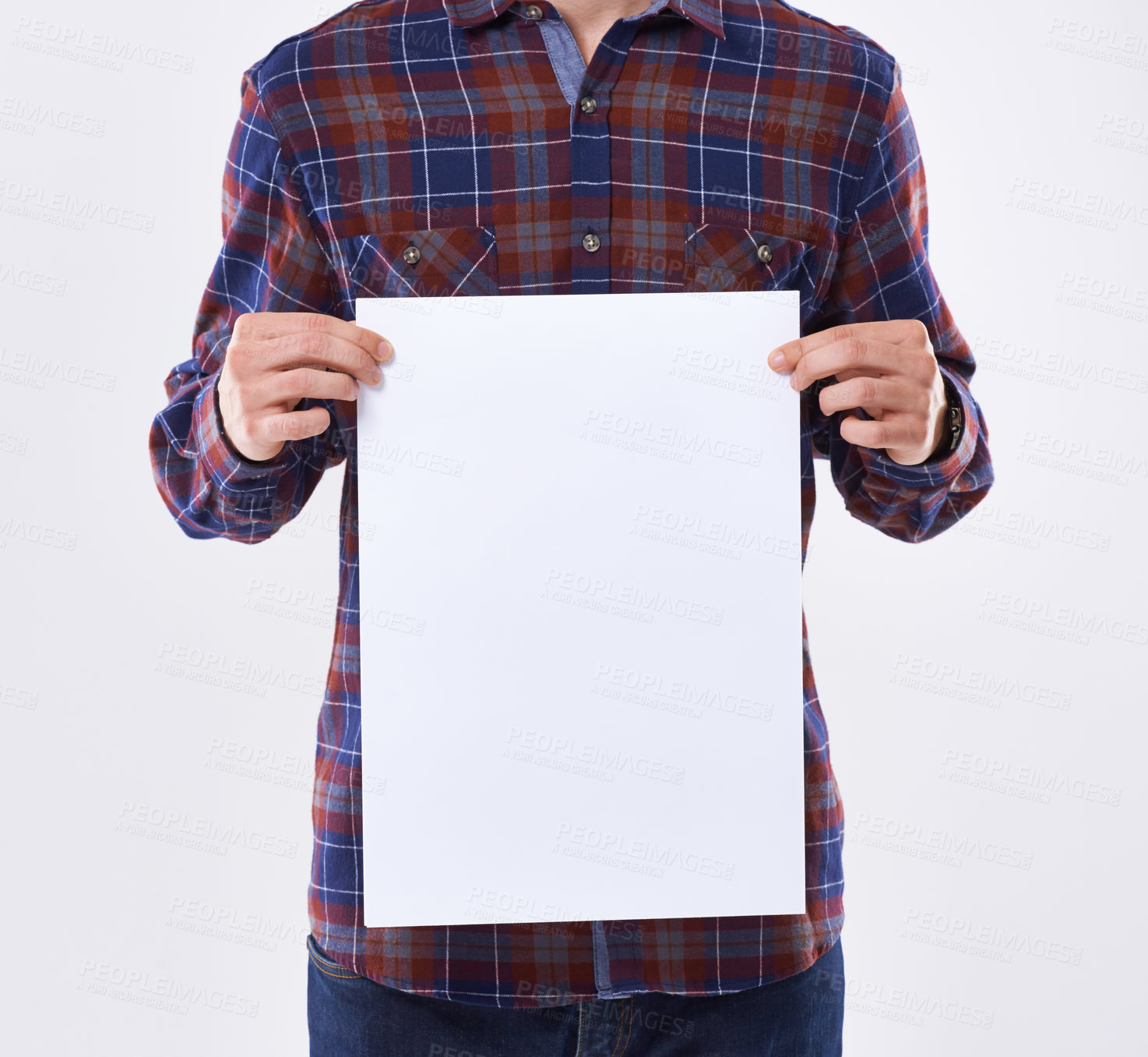 Buy stock photo Man, hands and blank signboard in studio, paper announcement and information on white background. Male person, empty placard and commercial poster for news, mockup space and offer promotion display