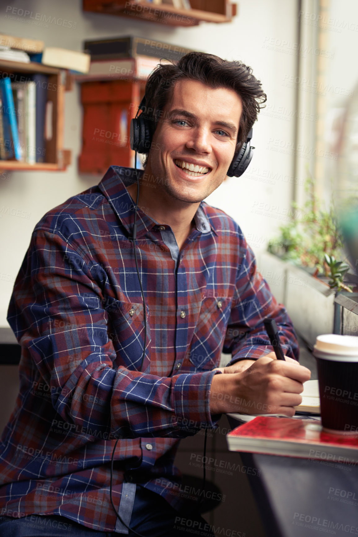 Buy stock photo Portrait, smile and writing with man in coffee shop for break, hospitality or service as customer. Education, music and notebook with student in cafe or restaurant for development, learning or study