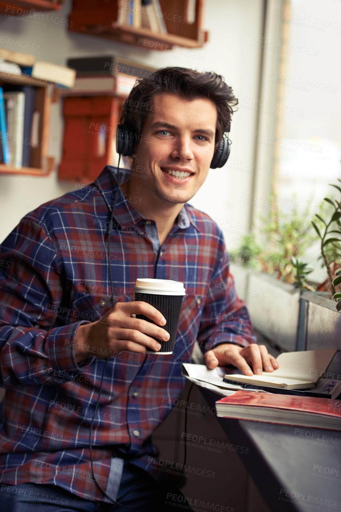 Buy stock photo Portrait, headphones or happy man reading book at cafe for music, literature education or history. Radio, drinking or studying english novel for journalism at coffee shop for tea beverage or podcast