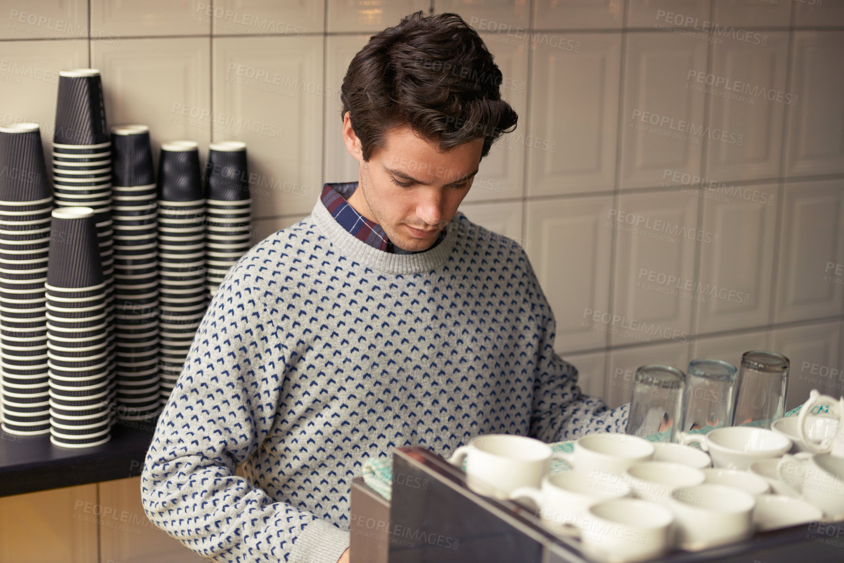 Buy stock photo Barista, working and machine in cafe for coffee for morning latte, espresso and professional service. Waiter, counter and man in restaurant for cappuccino, tea and warm drink or beverage with skill 