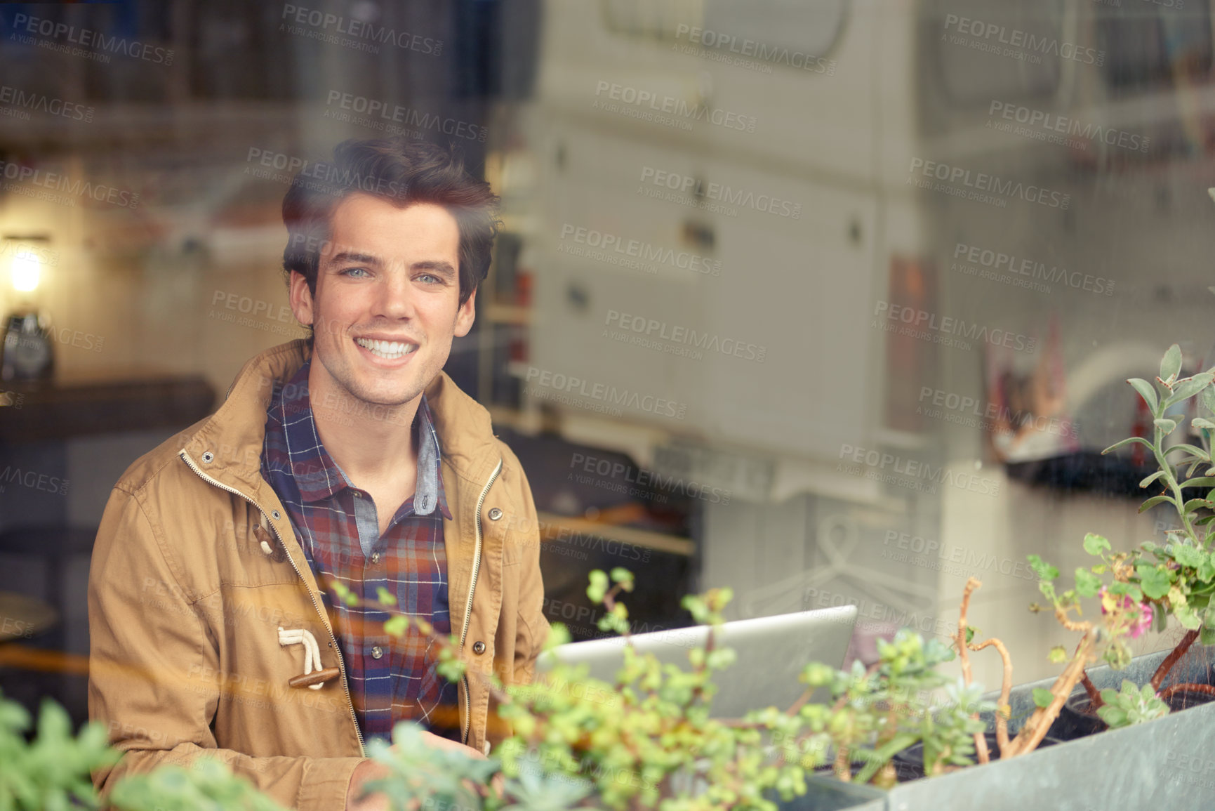 Buy stock photo Remote work, portrait and smile with laptop in coffee shop window for freelance job, digital report and email. Cafe, freelancer and technology with man for copywriting, online article and website