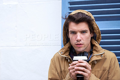 Buy stock photo Man, portrait and drinking coffee in takeaway for breakfast, food or morning as web designer. Male person, break and lunch for nutrition, wellness or meal at company or digital agency in outdoor