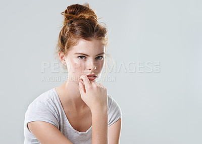 Buy stock photo Portrait, girl and fashion with pride, hair care or positivity on white background. Female person, style and trendy in studio backdrop, satisfied and casual in outfit, clothes and confidence as model