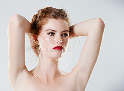 Buy stock photo Studio, woman and thinking with pose for makeup, beauty and transformation with confidence for results. Female model, lipstick and topless with pride by white background, satisfaction or arms up