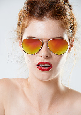 Buy stock photo Beauty, red lipstick and sunglasses with face of woman in studio for vintage, retro and designer frames. Makeup, glamour and cosmetics with person on white background for summer, edgy and aesthetic