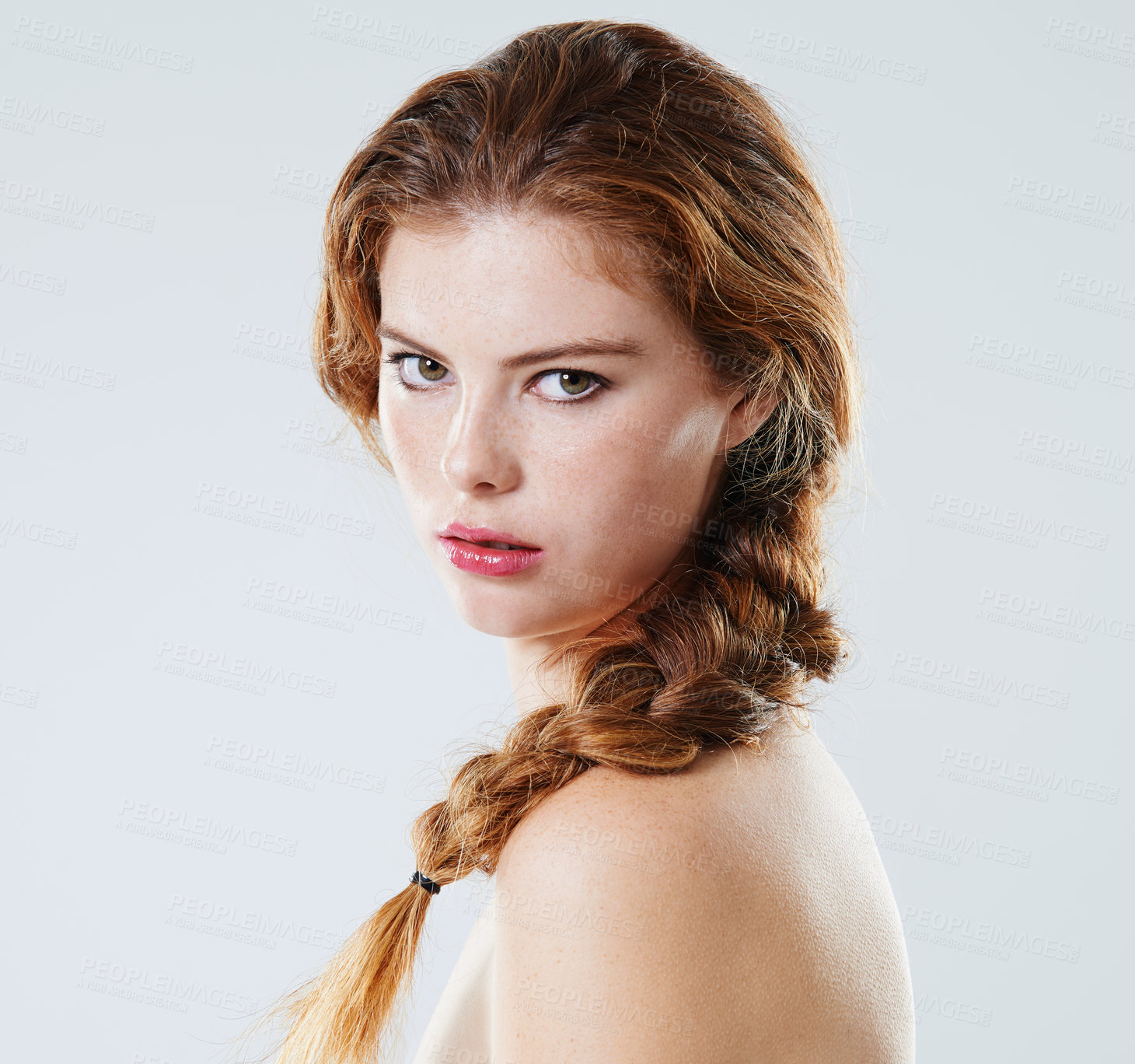 Buy stock photo Woman, portrait and beauty in studio for cosmetics, application and skin makeup with lipstick. Model, face and glow on white background for confidence, aesthetic and facial transformation in Scotland