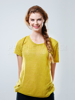 Buy stock photo Woman, smile and casual fashion with tshirt, trendy outfit and natural beauty of cosmetic glow in studio. Girl, portrait and stylish clothes with aesthetic, pride and woman on white background
