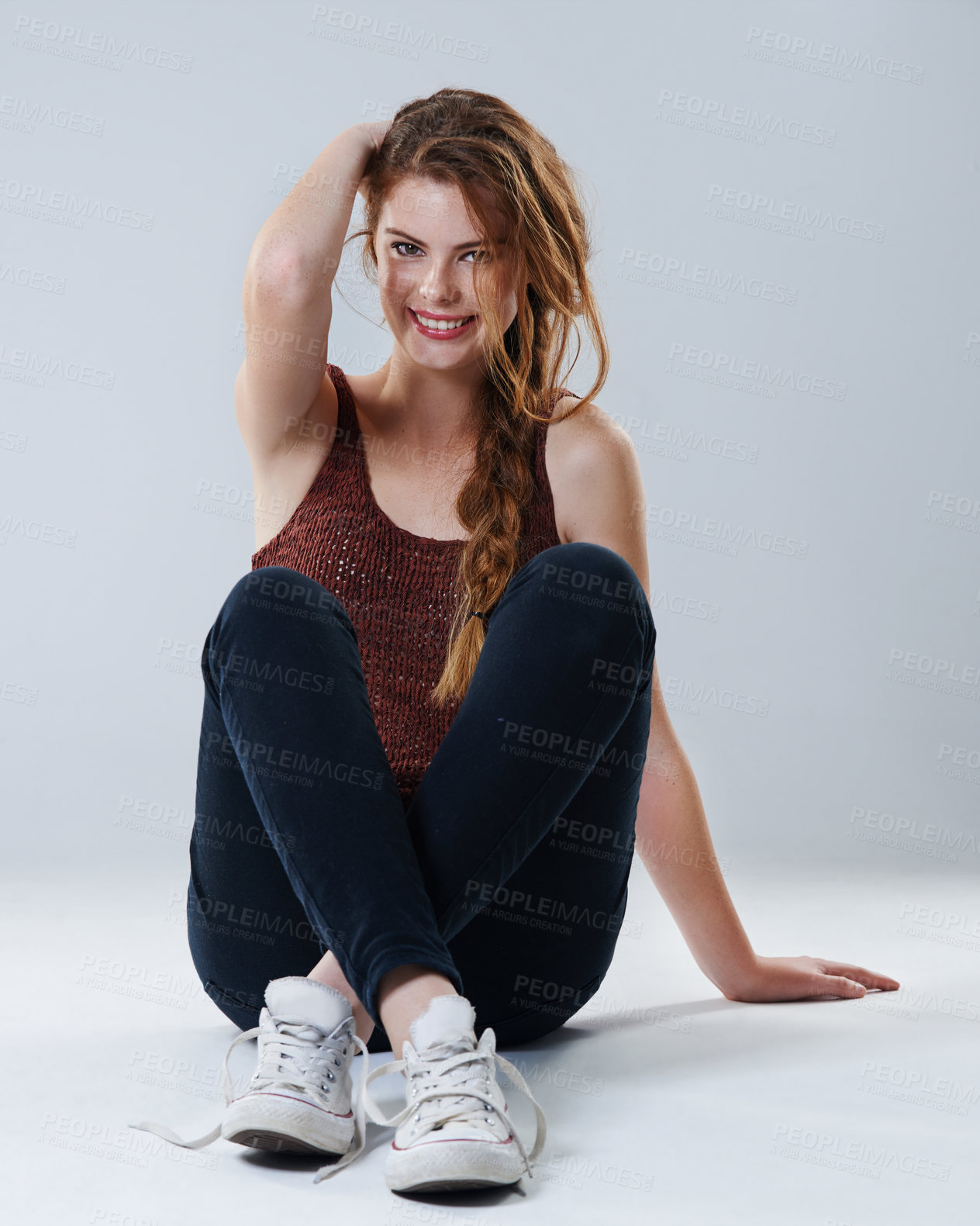 Buy stock photo Portrait, student and smile in studio with fashion, happy and dance break in rehearsal. Girl, sitting and rest on floor with loose laces, positive attitude and hip hop dancer on white background