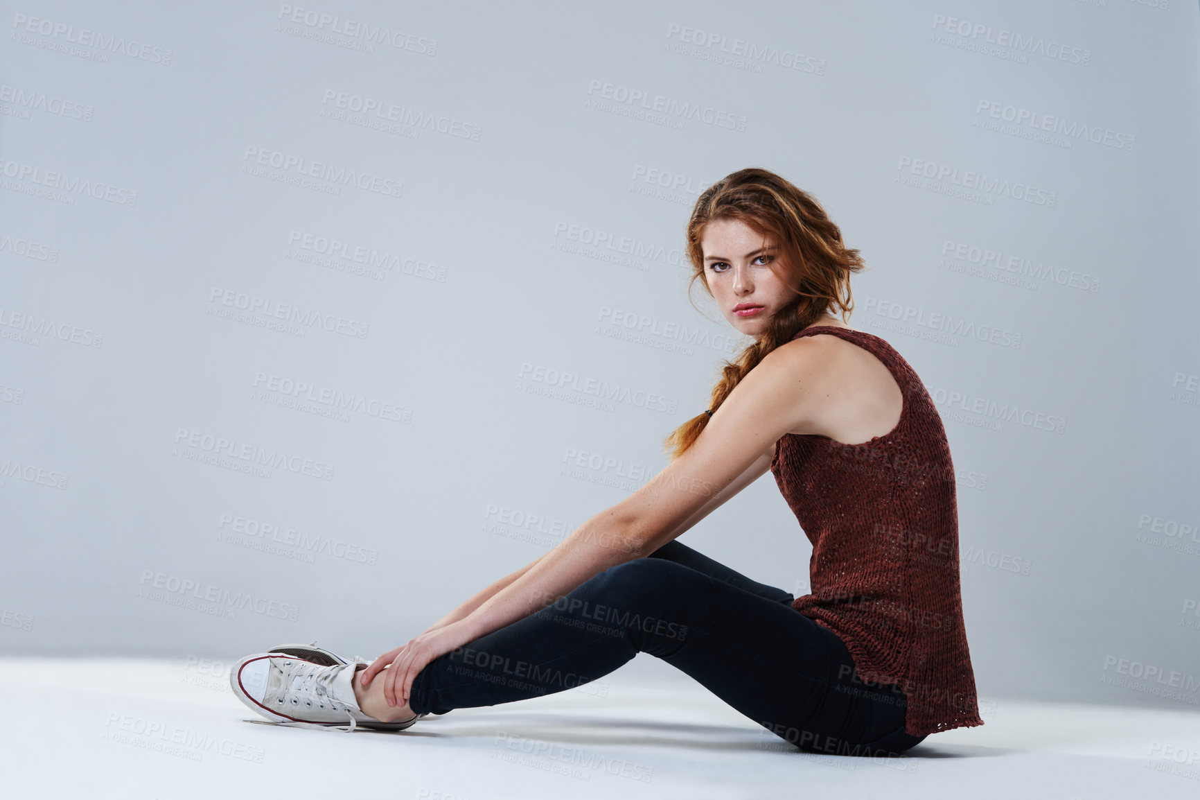 Buy stock photo Student, serious and portrait of woman in studio for mental health, academic pressure and social anxiety. Scholarship, teenager and tired with person with adhd on white background for burnout mockup