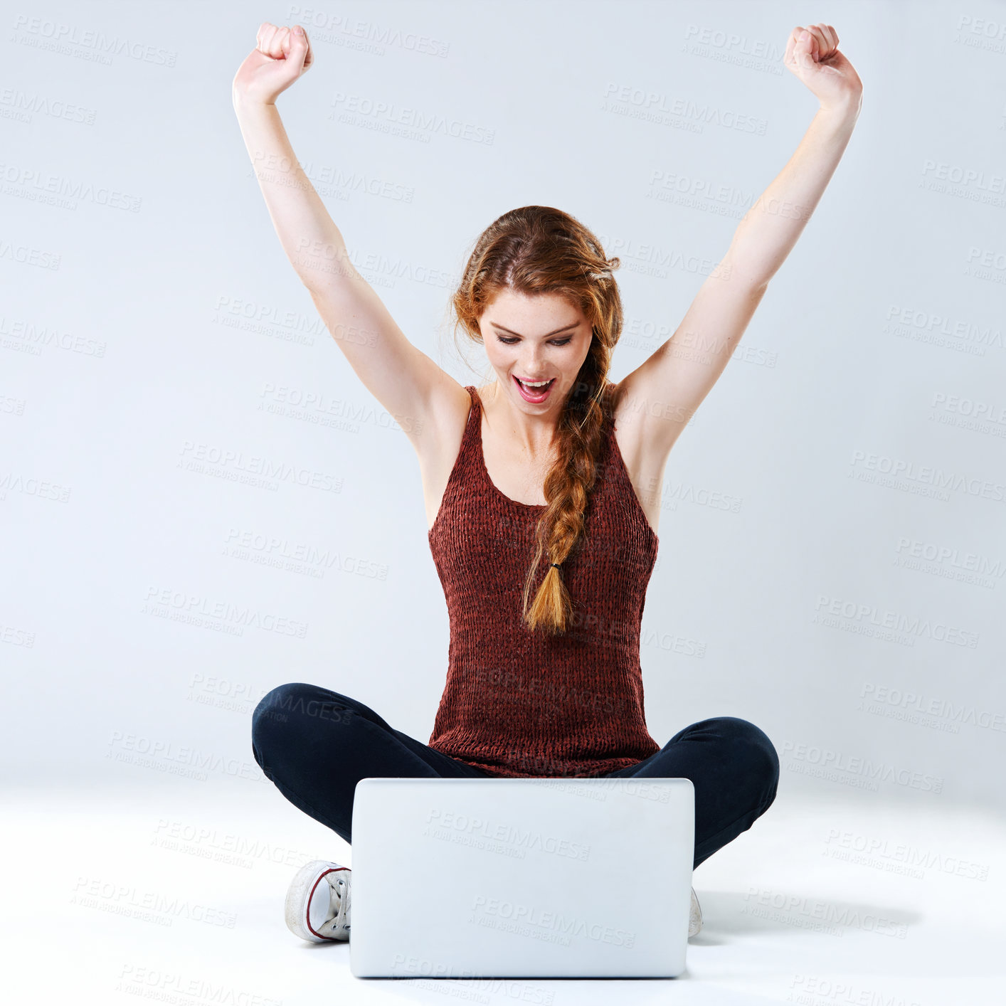 Buy stock photo Girl, laptop and online celebration in studio, student achievement and application acceptance. Female person, university notification and reward for college investment, prize and white background
