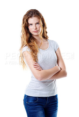 Buy stock photo Portrait, woman and fashion with confidence, hair care or positivity on white background. Female person, style and trendy in arms crossed, serious and casual in outfit, clothes and pride as student