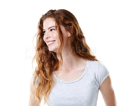 Buy stock photo Thinking, girl and fashion with confidence, hair care or positivity on white background. Female person, style and trendy on studio backdrop, happiness and casual in outfit, clothes and pride for idea