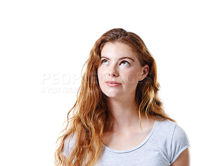 Buy stock photo Thinking, looking up and woman with ideas, decision and model isolated on white studio background. Person, mockup space and girl with wonder, thoughts and solution with inspiration, emoji and choice