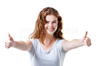 Buy stock photo Girl, portrait and support in studio for thumbs up, thank you and agreement with satisfaction and approval. Female person, smile and good job on white background for happy, yes and like with success