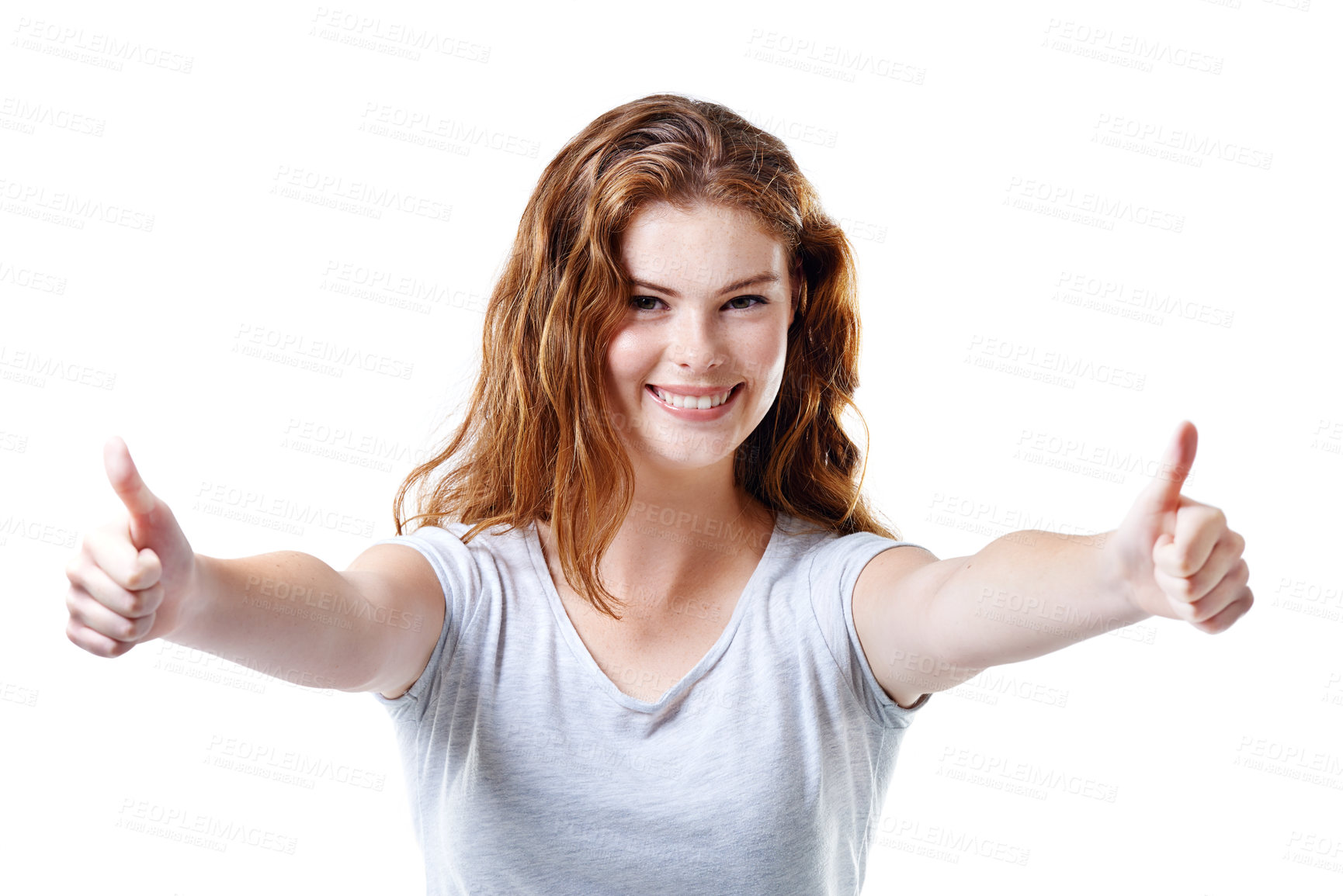 Buy stock photo Girl, portrait and support in studio for thumbs up, thank you and agreement with satisfaction and approval. Female person, smile and good job on white background for happy, yes and like with success