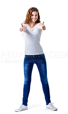 Buy stock photo Girl, portrait and success in studio for thumbs up, thank you and agreement with satisfaction and approval. Female person, happy and good job on white background for support, yes and like with smile