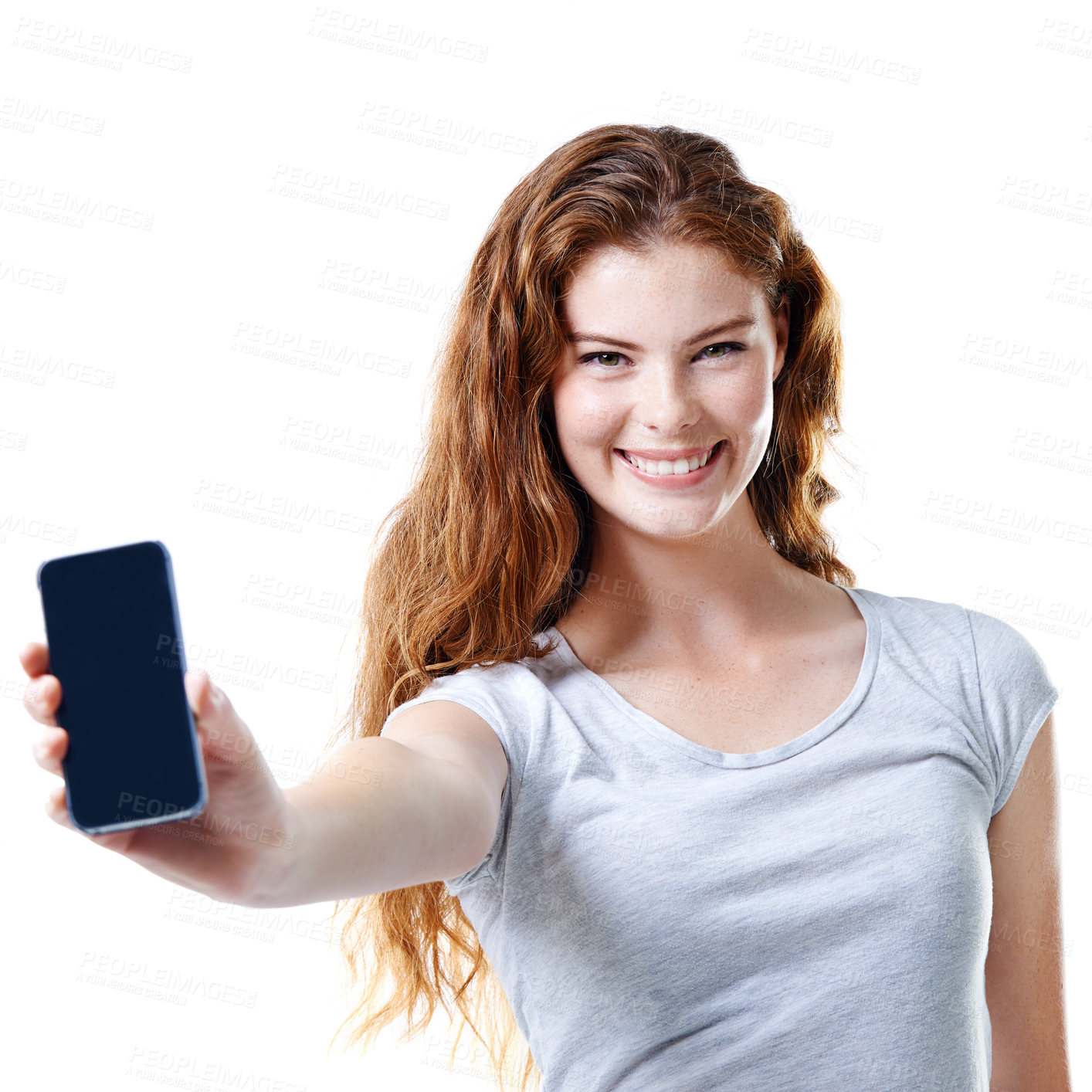 Buy stock photo Portrait, smile and woman with phone screen for advertising,  online deal or sales promo. Face, girl and show mobile display for app, social media or mockup space isolated on white studio background