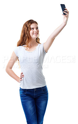 Buy stock photo Selfie, smile and photography with woman in studio for profile picture, memory and social media. Live streaming, broadcast and influencer with person on white background for video call networking