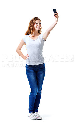 Buy stock photo Girl, selfie and social media post in studio, digital photography and online for profile picture. Female person, memory and white background for photo, happy and confidence for fashion outfit update