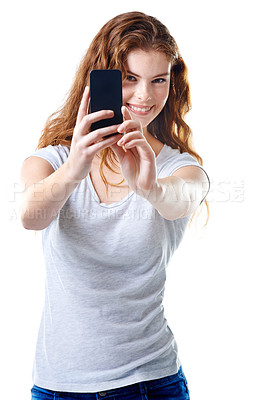 Buy stock photo Studio, cellphone and happy woman for social media picture for online dating profile. Smile, portrait and gen z female model browsing on smartphone, internet or website isolated on white background