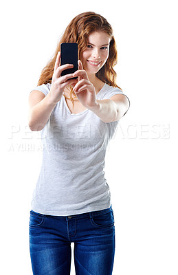 Buy stock photo Studio, smartphone and happy woman for social media picture for online dating profile. Smile, portrait and gen z female model browsing on cellphone, internet or website isolated on white background