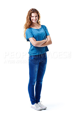 Buy stock photo Portrait, fashion and woman with arms crossed, happiness and model isolated on white studio background. Face, person and girl with confidence, smile and gen z with stylish clothes and casual outfit