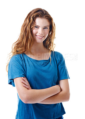 Buy stock photo Casual, fashion and portrait of woman in studio with cool aesthetic, confidence and smile. Model, happy student or gen z girl with calm style, arms crossed and isolated on white background in Ireland