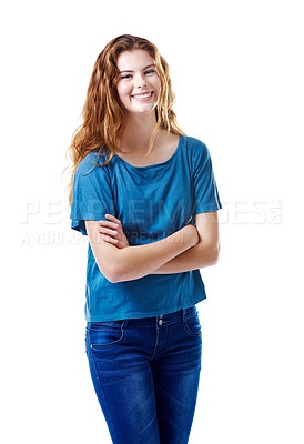 Buy stock photo Happy woman, portrait and fashion with confidence for casual clothing or style on a white studio background. Young teenager, female person or girl model with smile for fashionable or outfit in Canada