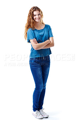 Buy stock photo Fullbody studio portrait of a teenage girl standing with arms crossed looking confident, isolated against a white background with copy space. Smiling attractive young lady posing in casual clothing.