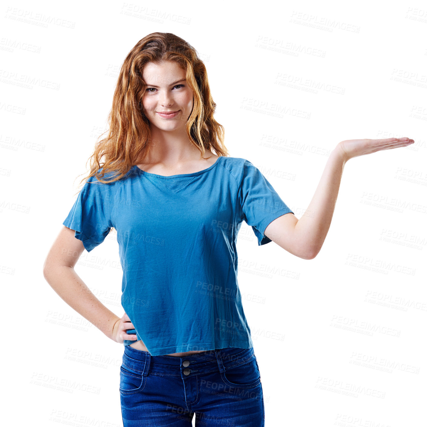 Buy stock photo Offer, space and hand with portrait of woman in studio for promotion, notification and presentation. News, mockup and coming soon with person on white background for choice, selection or opportunity 