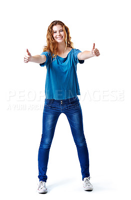 Buy stock photo Girl, portrait and like in studio for thumbs up, thank you and agreement with satisfaction and approval. Female person, smile and good job on white background for support, yes and happy with success