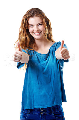 Buy stock photo Girl, portrait and approval in studio for thumbs up, thank you and agreement with satisfaction and happy. Female person, smile and good job on white background for support, yes and like with success