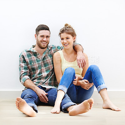 Buy stock photo Couple, portrait and relax in house on floor for conversation, bonding and love together with romance. Man, woman and happy on apartment ground for talking, relationship and chill on weekend with hug