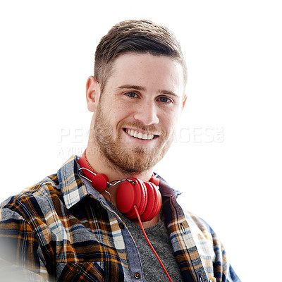 Buy stock photo Happy man, portrait and student with headphones for music, sound or audio production on a white studio background. Young, male person or freelancer with headset or smile for podcast, radio or content