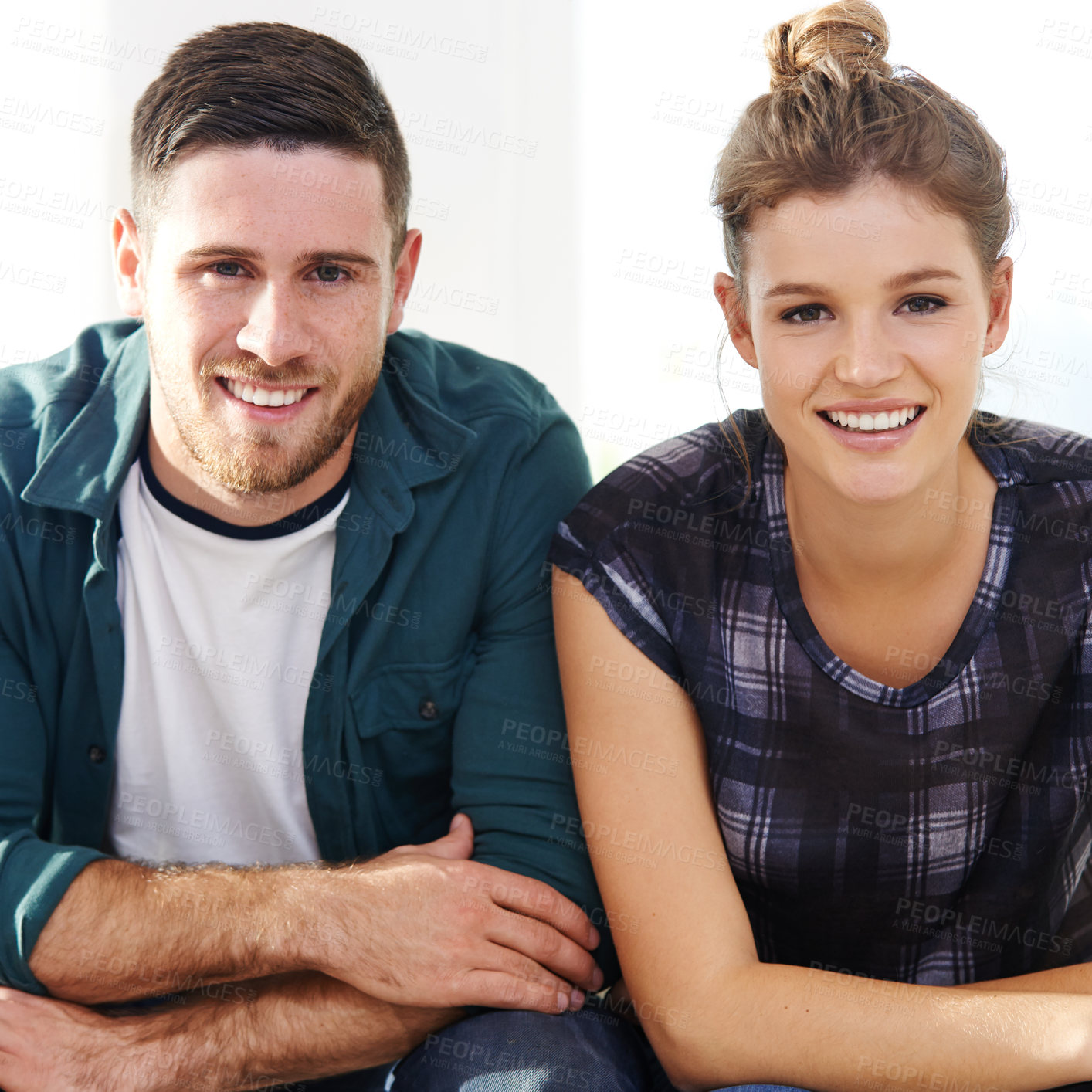 Buy stock photo Portrait, love and happy couple relax in living room for support, connection and care for healthy relationship. Face, man and woman in home for bonding together, marriage commitment and smile in USA