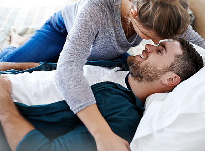 Buy stock photo Happy couple, bedroom and intimacy to relax with support, romance and partnership for love. People, embrace and trust in commitment to relationship in home, bonding and comfortable together in bed