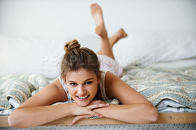 Buy stock photo Woman, portrait and morning peace in bed, happy and lazy weekend in apartment for joy. Female person, comfortable and relax on blanket in bedroom of home, Canada and resting for healthy wellbeing