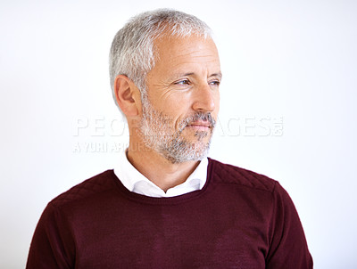 Buy stock photo Thinking, face and mature businessman in studio for problem solving, brainstorming and solution. Professional, corporate worker and senior person on white background for career, job and inspiration