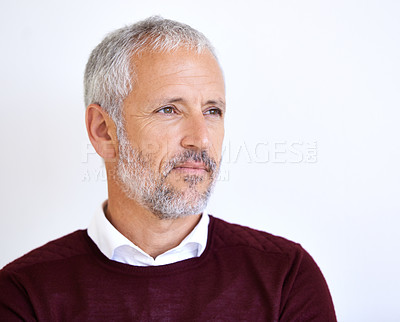 Buy stock photo Thinking, face and mature businessman in studio for problem solving, brainstorming and solution. Professional, corporate worker and serious person on white background for career, job and inspiration