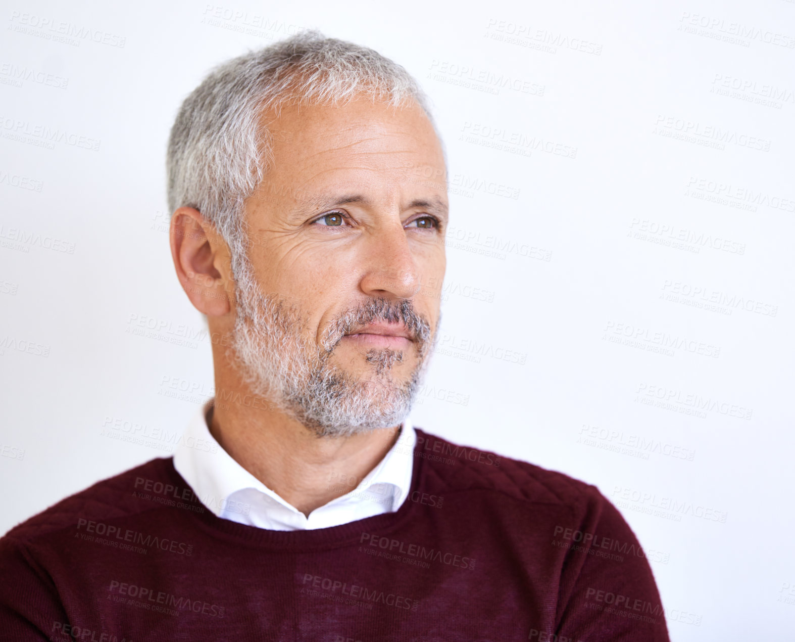 Buy stock photo Thinking, face and mature businessman in studio for problem solving, brainstorming and solution. Professional, corporate worker and serious person on white background for career, job and inspiration