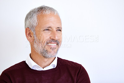 Buy stock photo Thinking, idea and face of business man in studio for problem solving, brainstorming and solution. Professional, corporate worker and mature on white background for career space, job and inspiration