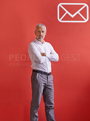Buy stock photo Business man, confidence and mail icon for communication, message and email campaign as mature person. Manager, background and portrait for networking, letter and outreach program with crossed arms